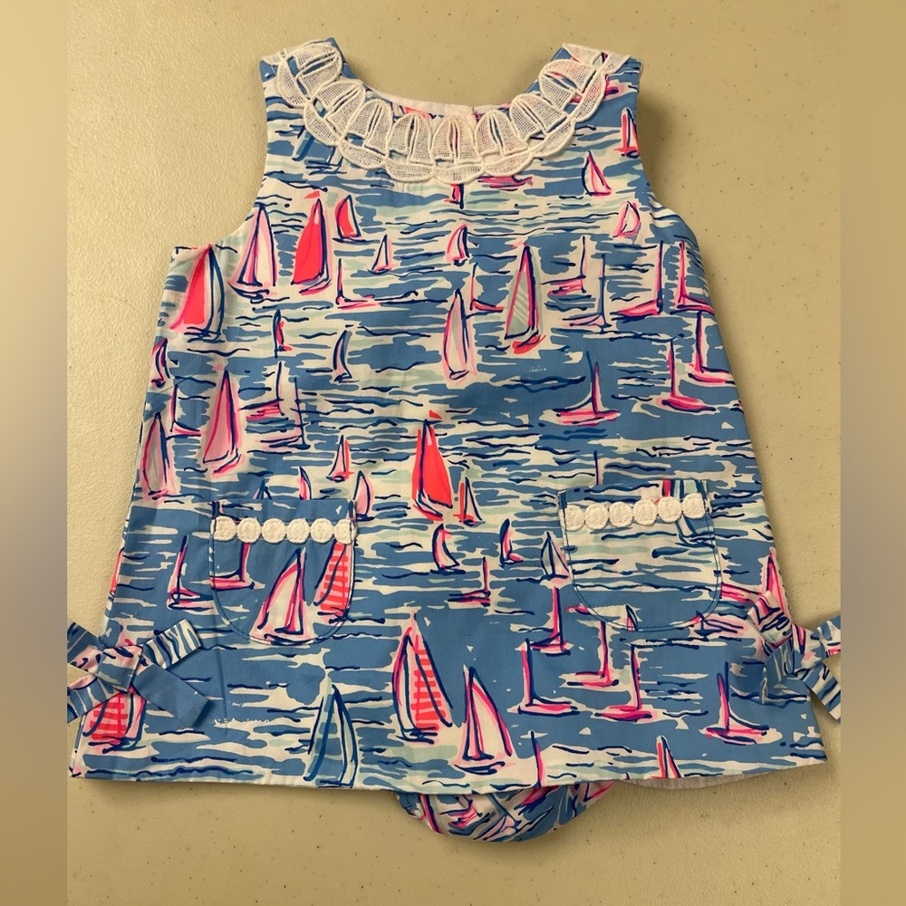 Lily Pulitzer bright pink, blue & white little girls sailboat dress. 12-18 mo